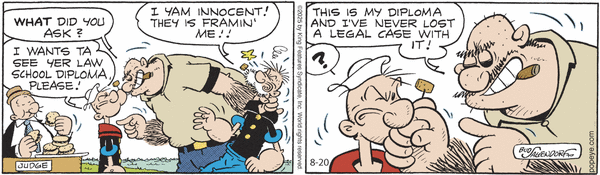 Popeye by Bud Sagendorf (Mon-Sat) & Hy Eisman (Sun) for Wed, 20 Aug 2025